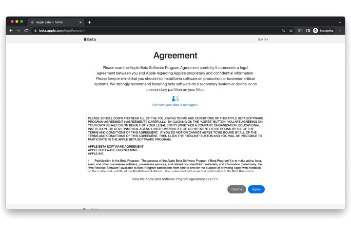 Chrome browser showing Apple Beta Software Program agreemenet.