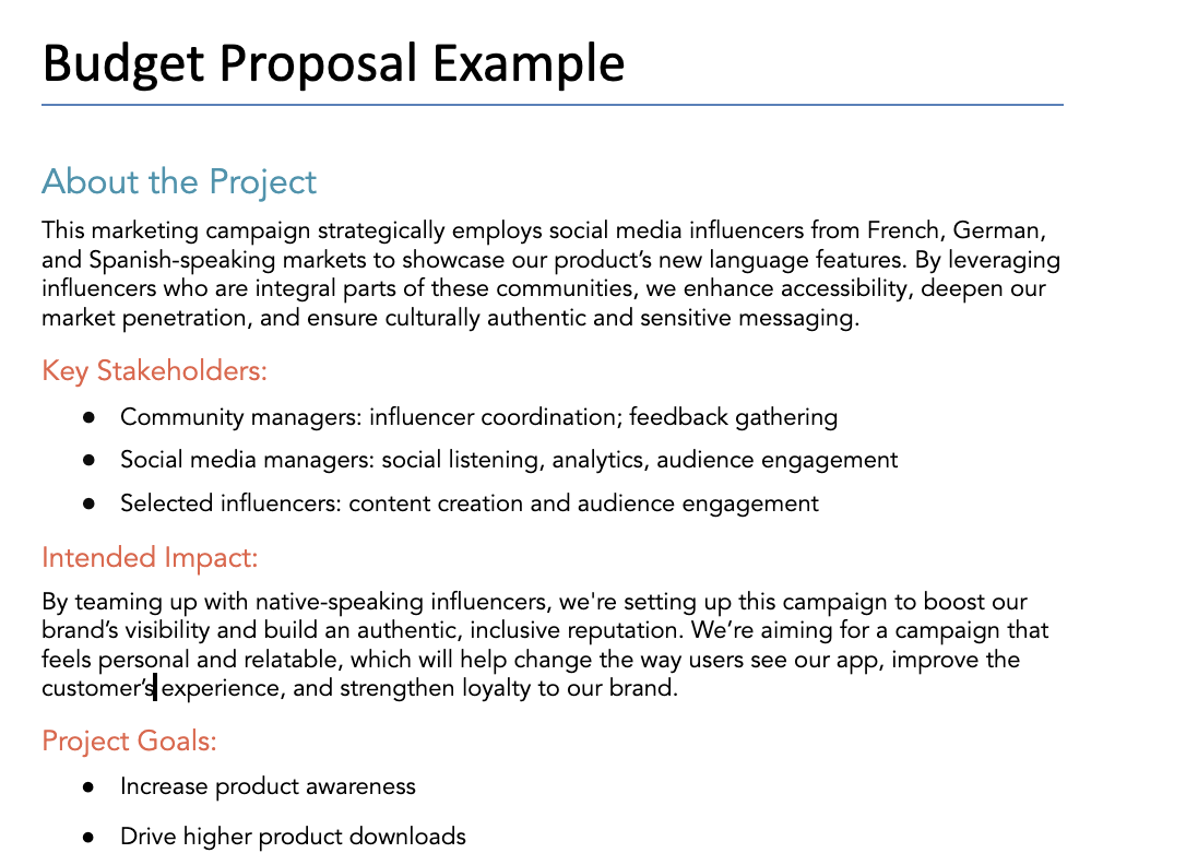 Example of a budget proposal for a marketing campaign