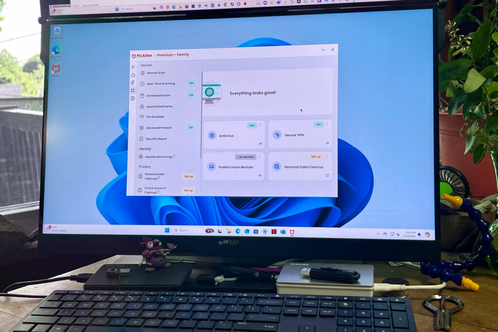 McAfee antivirus software is shown on a PC monitor.