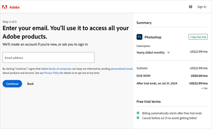 Email address prompt for the Photoshop free trial.