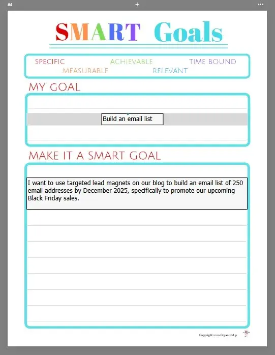 Smart goal template, example of a smart goal.