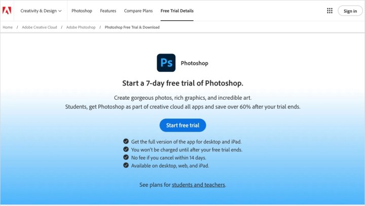 Adobe Photoshop free trial splash page.