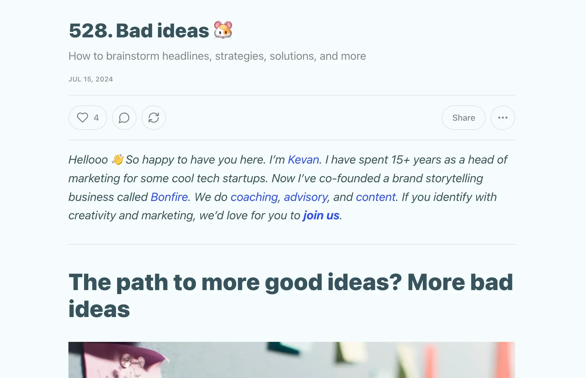 Screencap of Kevan Lee’s newsletter. Subject: Bad ideas 🐹. How to brainstorm headlines, strategies, solutions, and more.