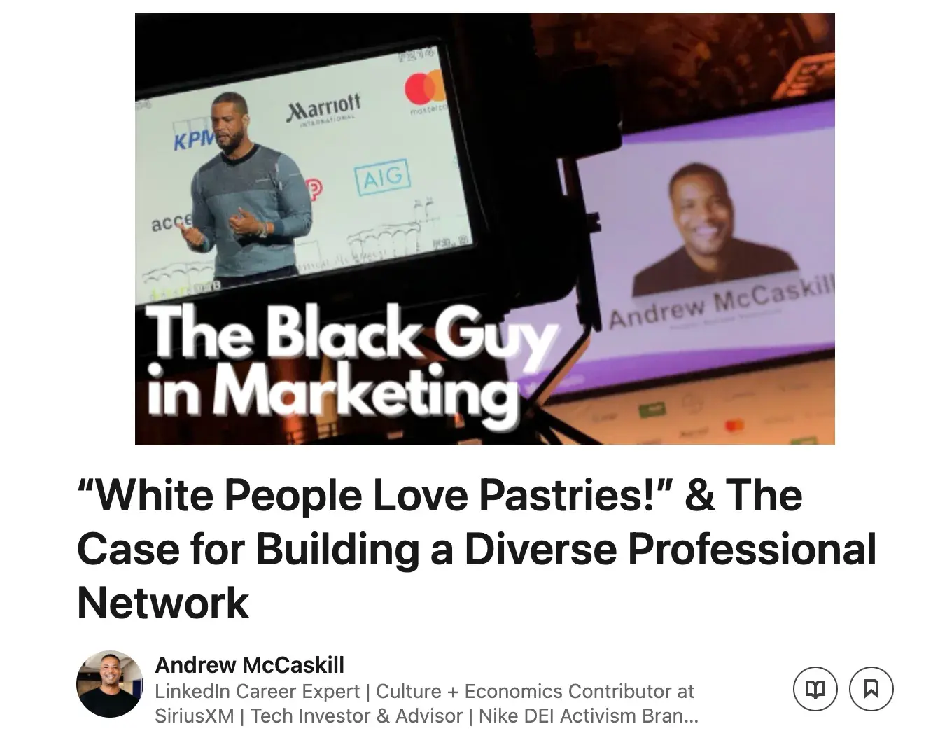 Screencap of The Black Guy in Marketing. Subject: “White People Love Pastries!” & The Case for Building a Diverse Professional Network.