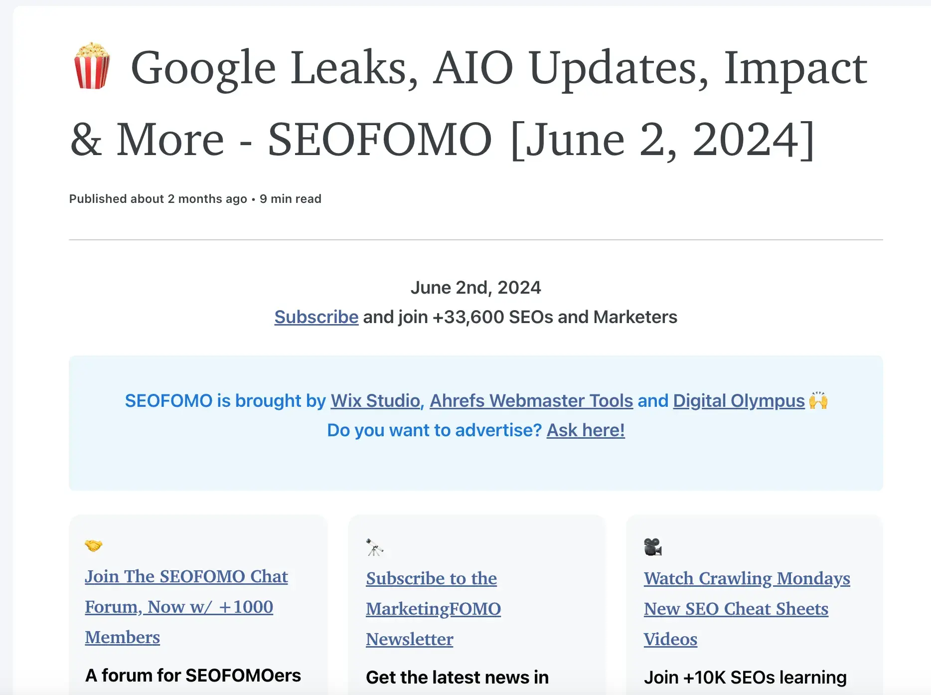 Screencap of SEOFOMO. Subject: 🍿 Google Leaks, AIO Updates, Impact & More.