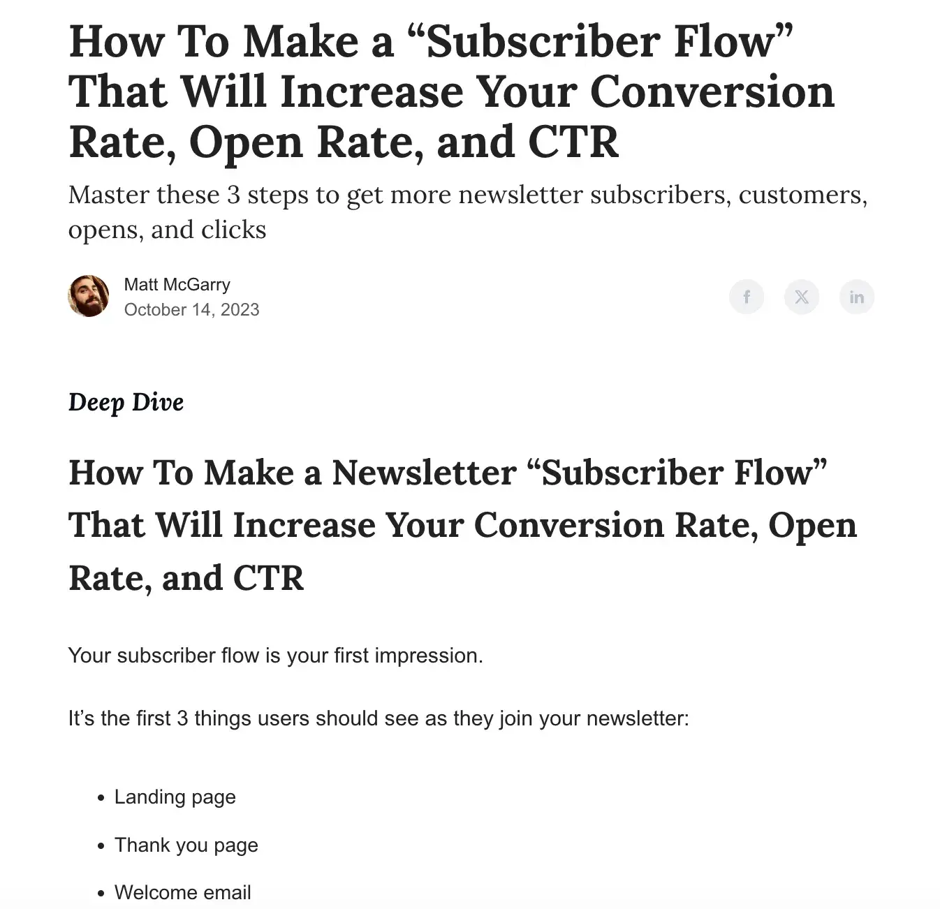 Screencap of Newsletter Operator. Subject: How To Make a Newsletter “Subscriber Flow” That Will Increase Your Conversion Rate, Open Rate, and CTR.