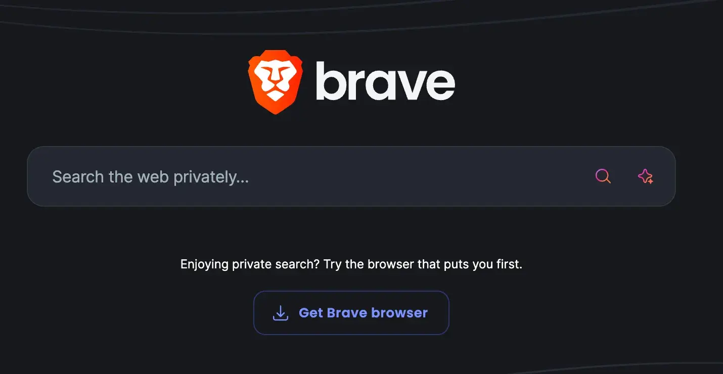 Brave Search engine homepage features a search bar with text “Search the web privately....”