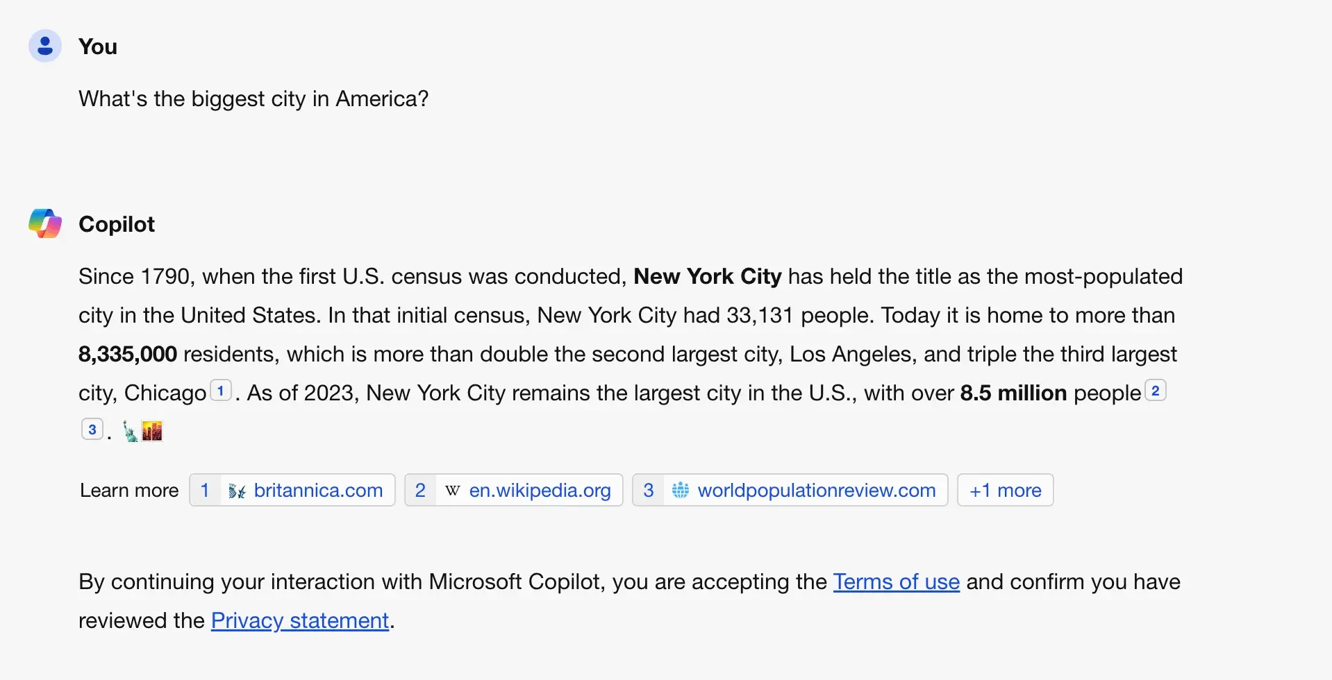 Copilot search results for “What’s the biggest city in America?”