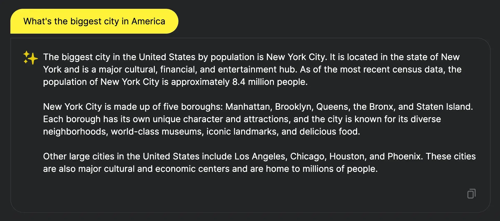 Chat response to “What’s the biggest city in America?”