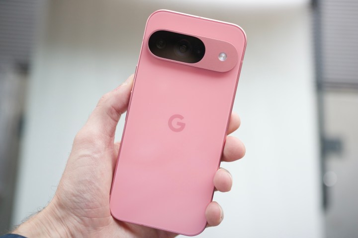 Someone holding a pink Google Pixel 9.