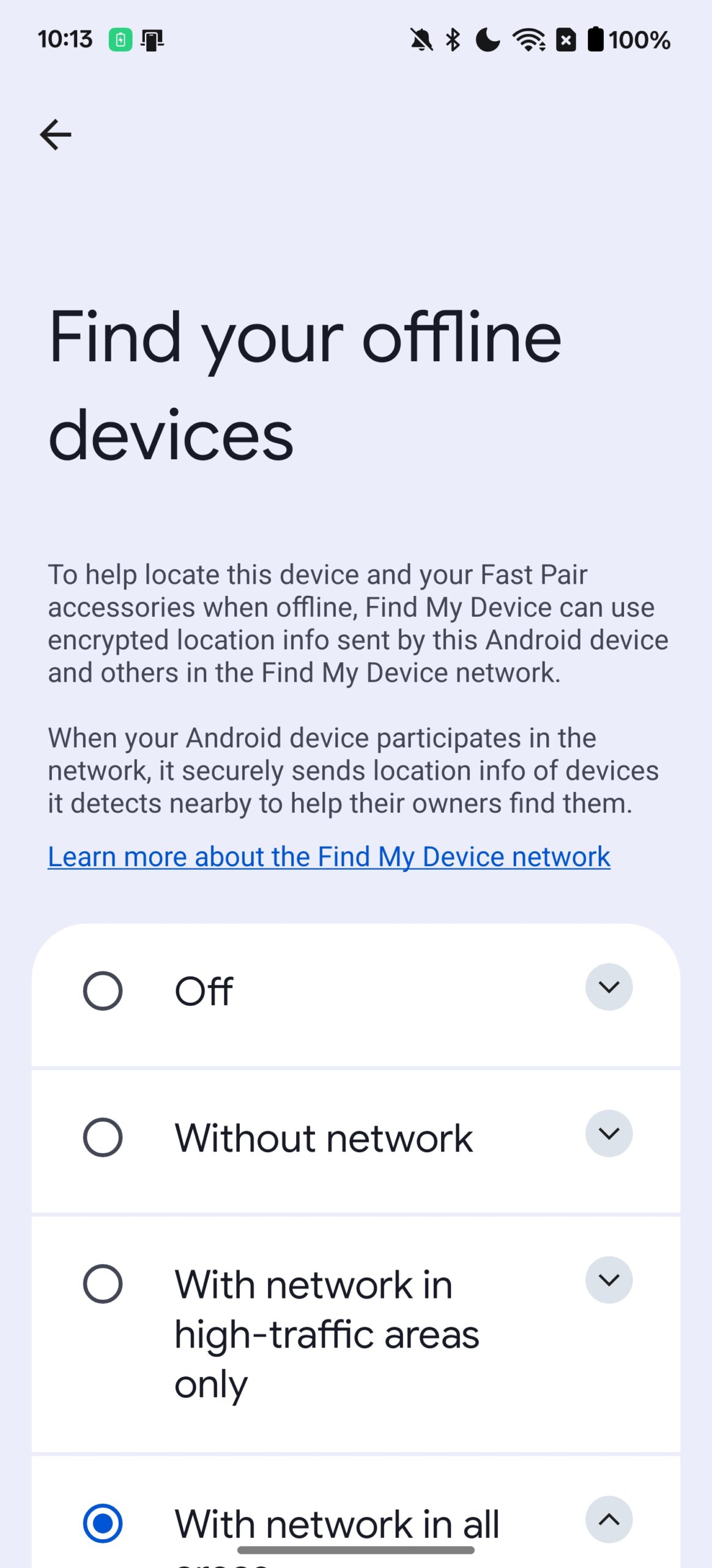 Find My Device network settings page without Powered Off Finding