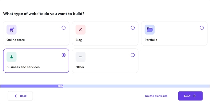 Choosing a website type in Hostinger