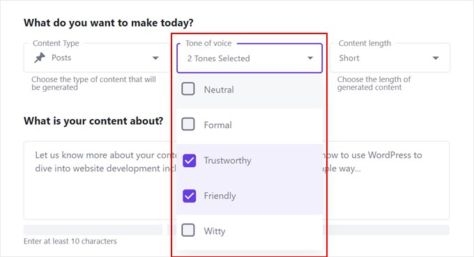 Choosing a tone of voice for the content generated with Hostinger WordPress AI Assistant