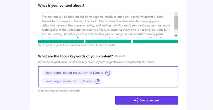 Typing in the content description in Hostinger WordPress AI Assistant