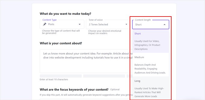 Choosing the length of content in Hostinger WordPress AI Assistant