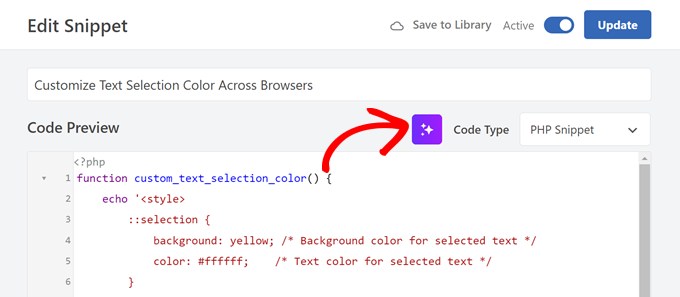 Clicking on a button to improve an AI-generated code snippet in WPCode