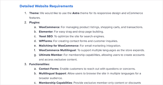 Add detailed website requirements