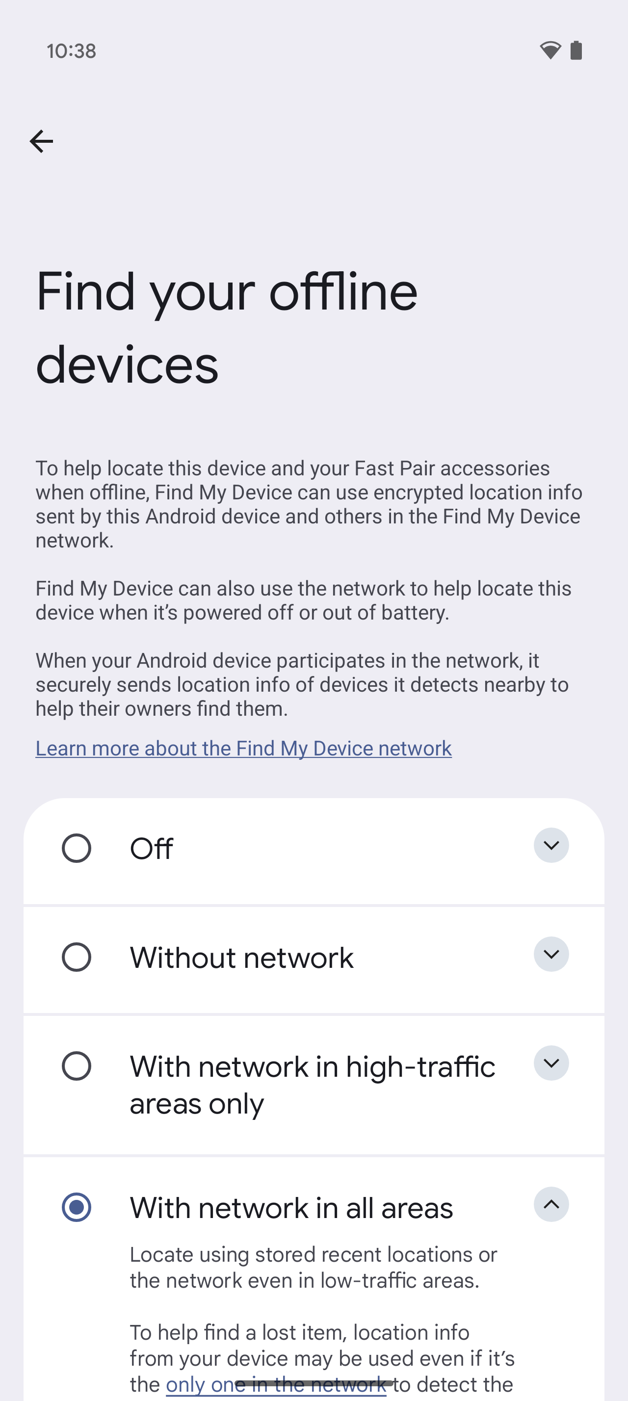 Find My Device network settings page with Powered Off Finding