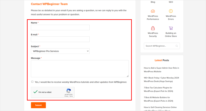 WPBeginner's contact form
