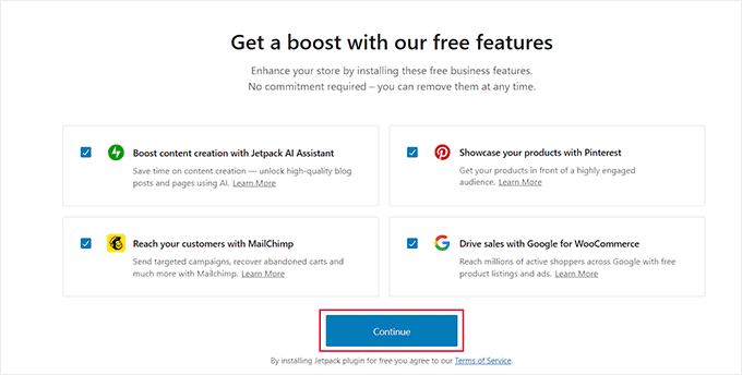 Select free features and click Continue