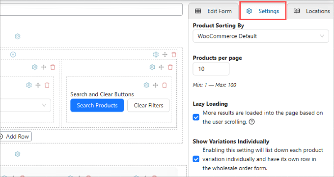 Settings of wholesale order form