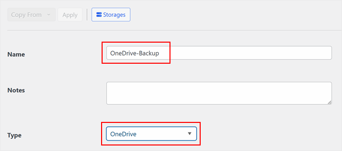 Naming a new OneDrive backup in Duplicator