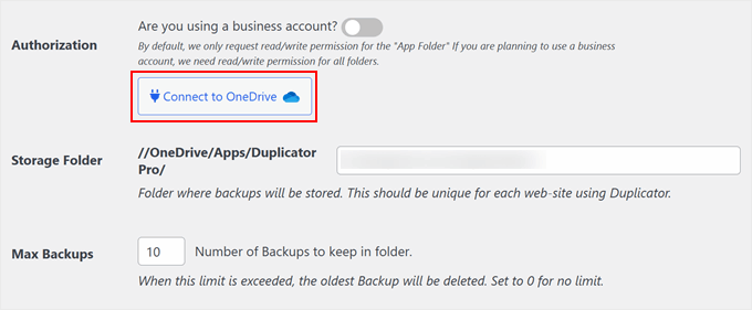 Connecting Duplicator with OneDrive