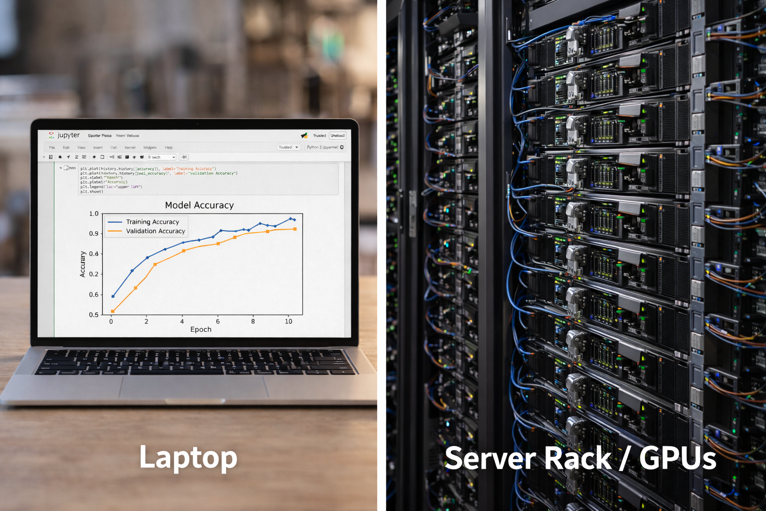 Jupyter Notebook vs. a massive server rack/GPU setup to visually demonstrate the hardware difference Jupyter Notebook vs. a massive server rack/GPU setup to visually demonstrate the hardware difference