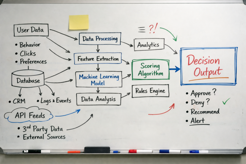 messy whiteboard sketch showing a flowchart of data inputs leading to a decision output