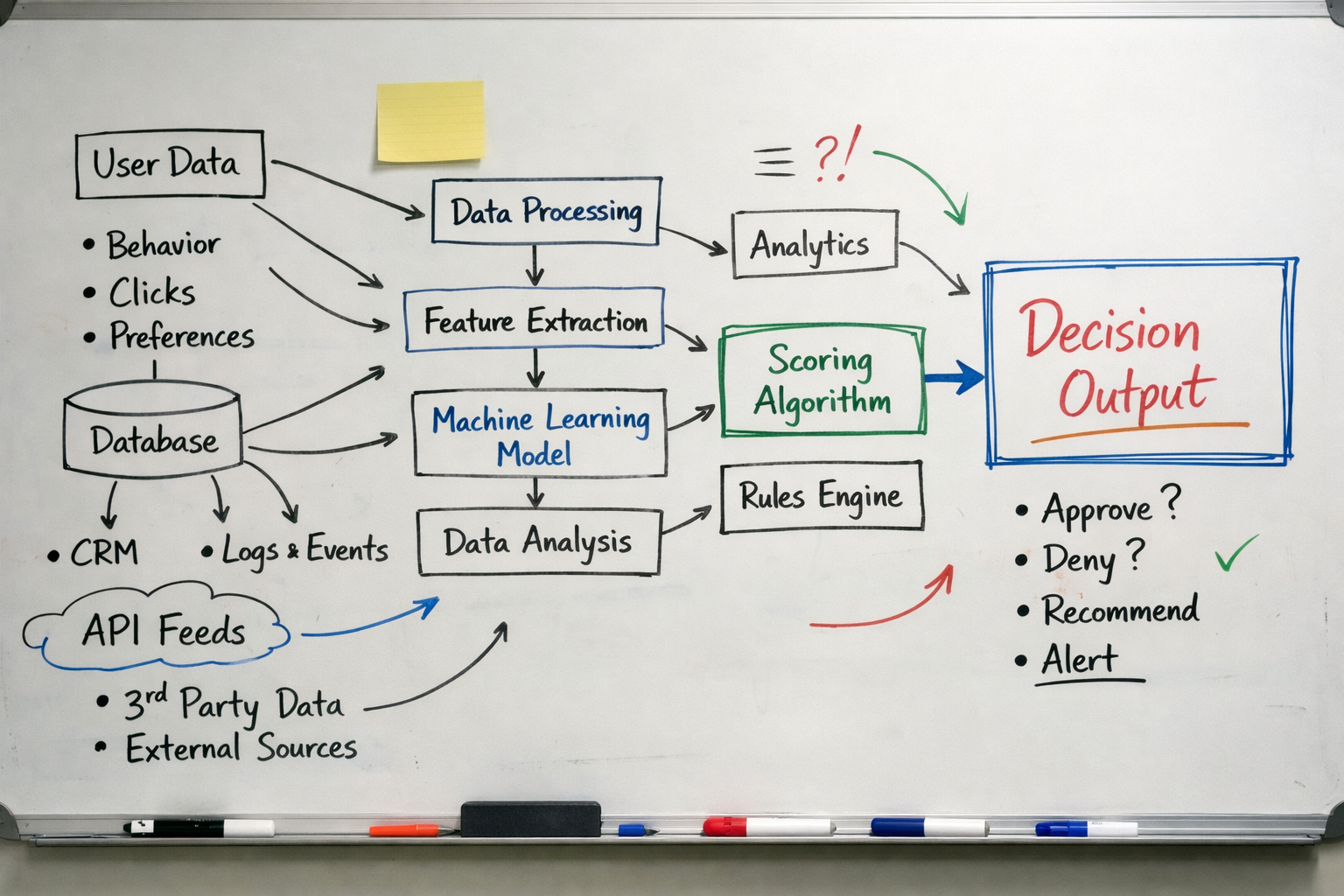 messy whiteboard sketch showing a flowchart of data inputs leading to a decision output messy whiteboard sketch showing a flowchart of data inputs leading to a decision output