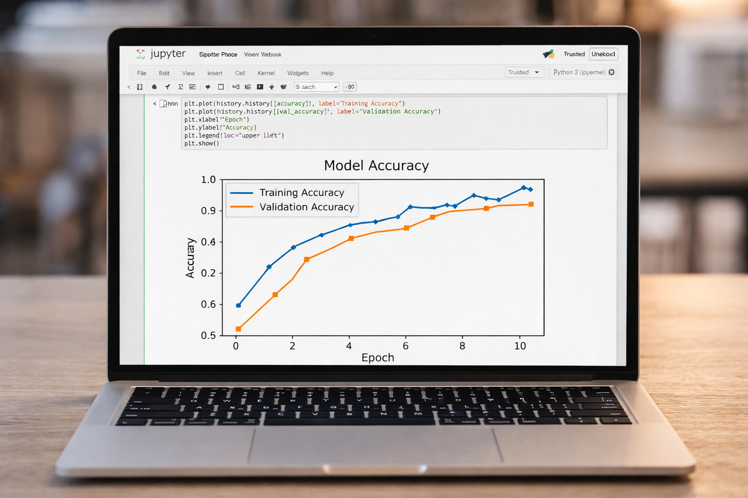 laptop screen showing a Jupyter Notebook with a Model Accuracy graph laptop screen showing a Jupyter Notebook with a Model Accuracy graph